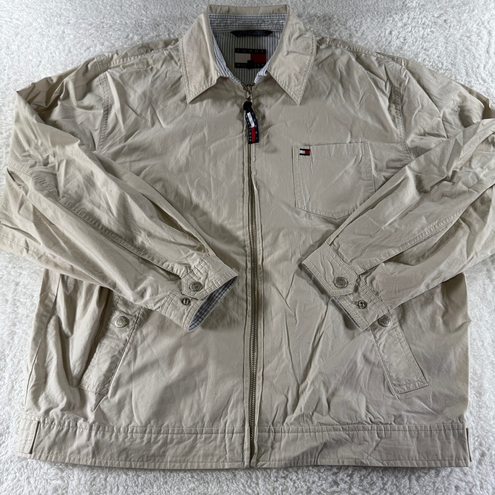 Vintage Tommy Hilfiger Beige Full Zip Lightweight Collared Jacket Men Large LOGO